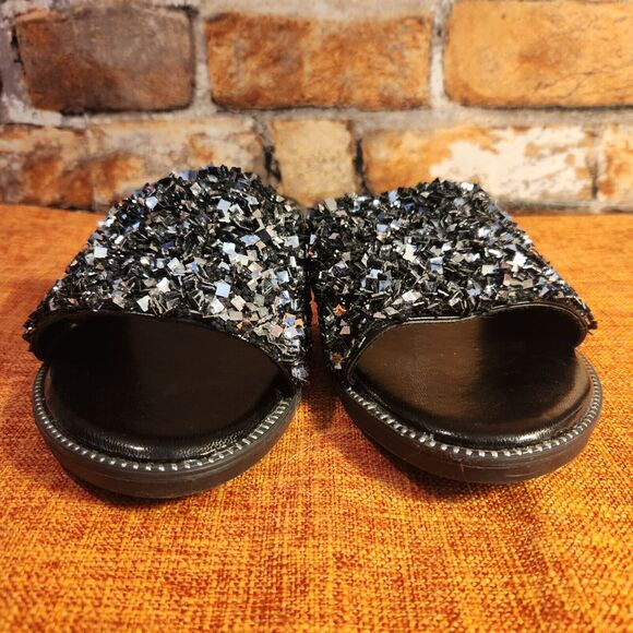 H2K Womens Glitter Bling Fancy Slide Flat Low Wedge Sparkle Sandals Shoes Black - Picture 2 of 7